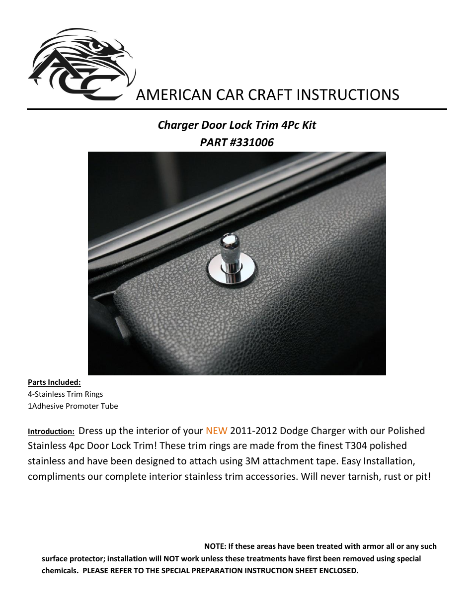 American Car Craft Dodge Charger _ Chrysler 300 Door Lock Trim Ring 4Pc 2011-2013 User Manual | 2 pages