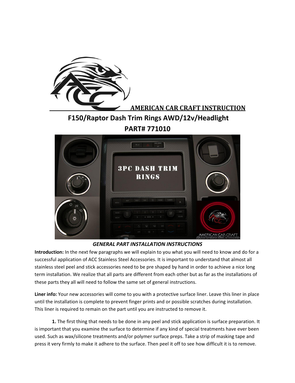 American Car Craft Ford F150_Raptor Dash Trim Rings Headlight_4WD_12V 3Pc Polished 2009-2013 User Manual | 2 pages