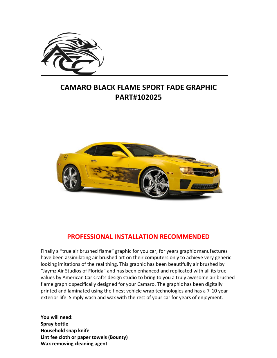 American Car Craft Camaro Graphic "AirBrushed Gradient Flame Side Sport Fade 2010-2013" User Manual | 3 pages