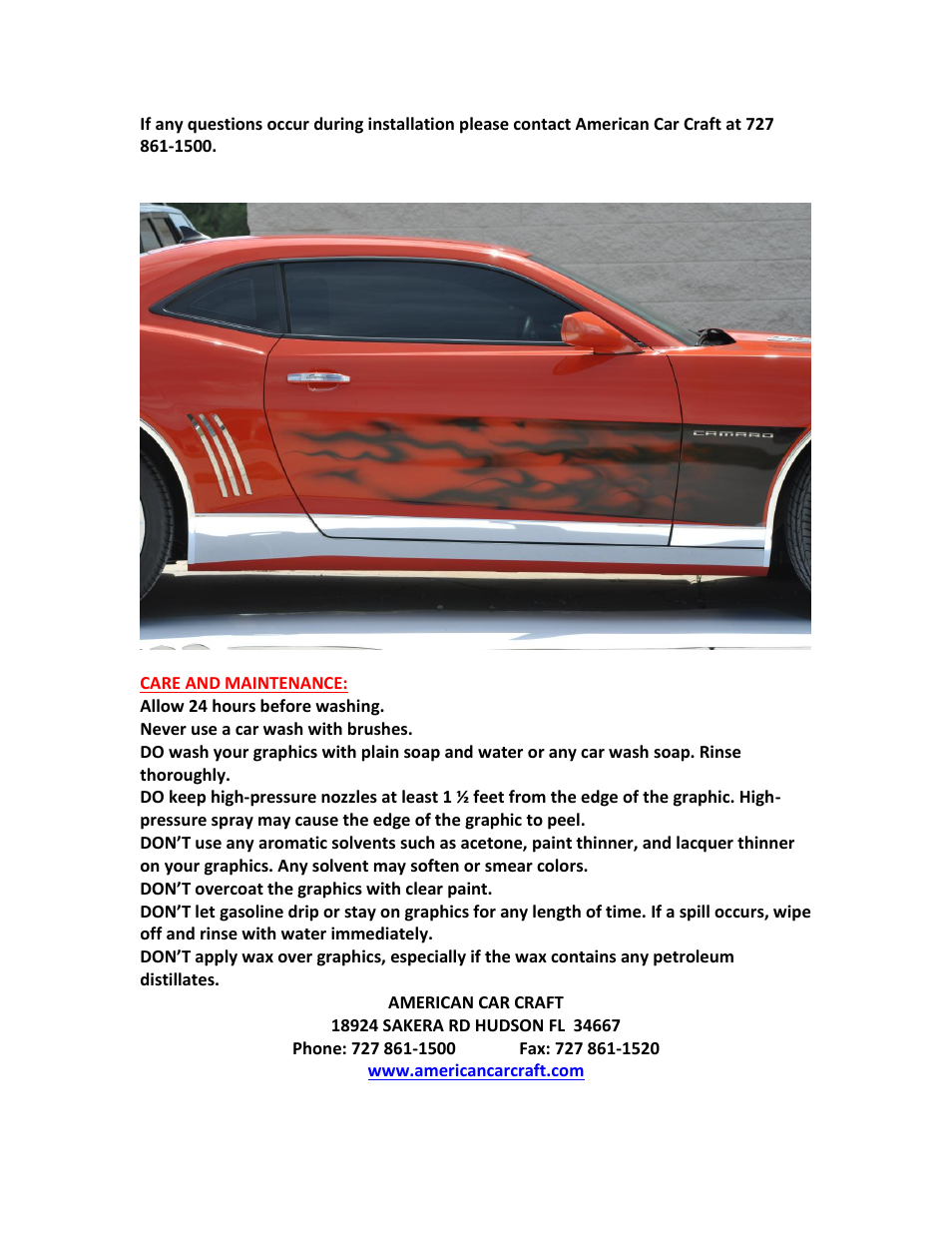 American Car Craft Camaro Graphic "AirBrushed Gradient Flame Side Sport Fade 2010-2013" User Manual | Page 3 / 3