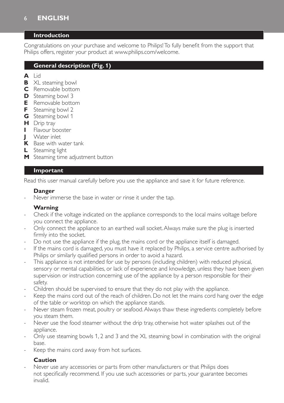 English, Introduction, General description (fig. 1) | Important, Danger, Warning, Caution | Philips HD9120 User Manual | Page 6 / 140