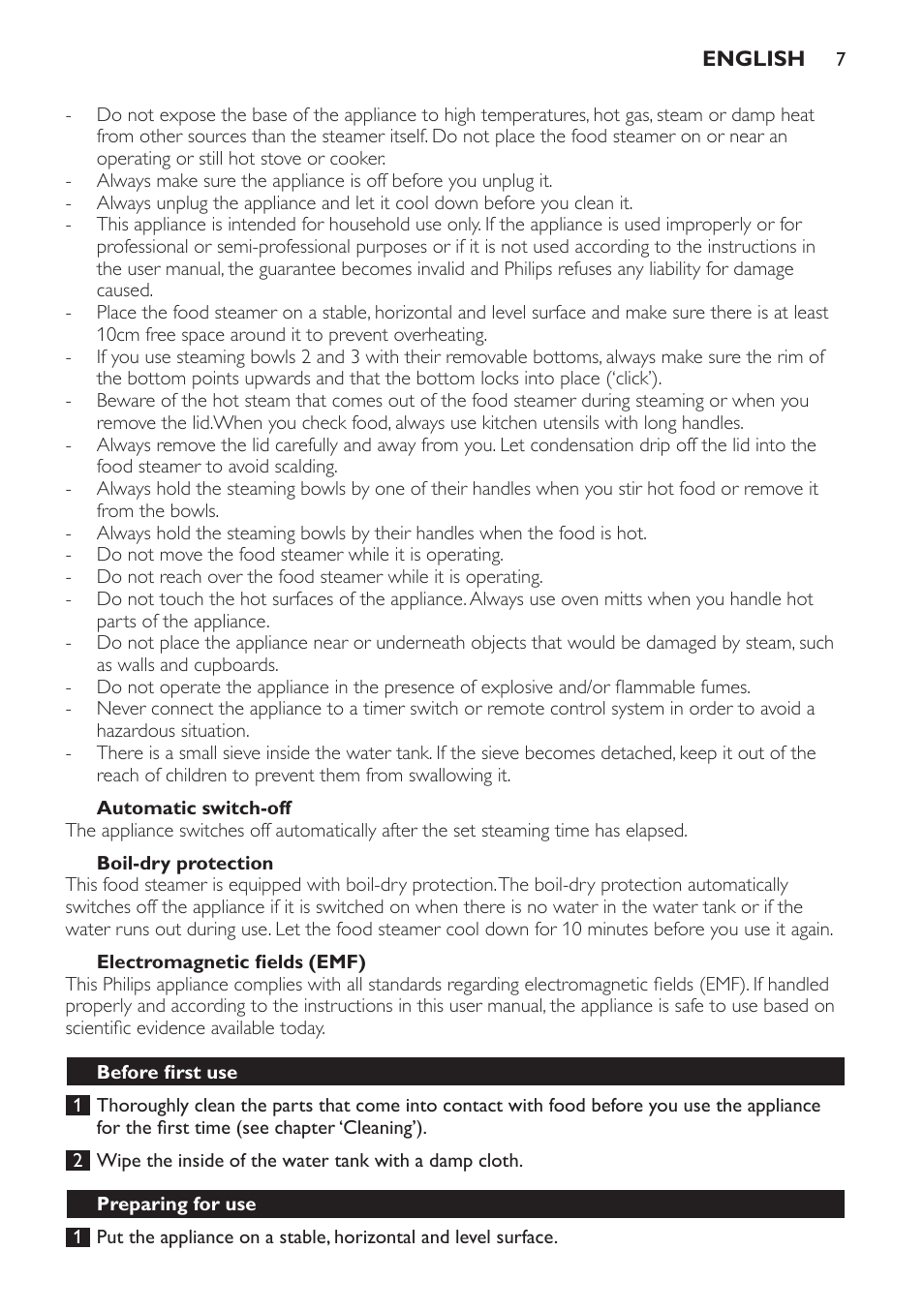Automatic switch-off, Boil-dry protection, Electromagnetic fields (emf) | Before first use, Preparing for use | Philips HD9120 User Manual | Page 7 / 140