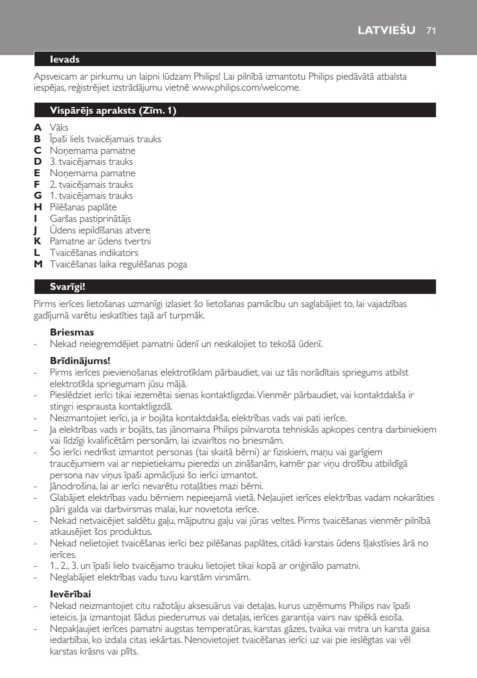 Briesmas, Brīdinājums, Ievērībai | Latviešu, Ievads, Vispārējs apraksts (zīm. 1), Svarīgi | Philips HD9120 User Manual | Page 71 / 140