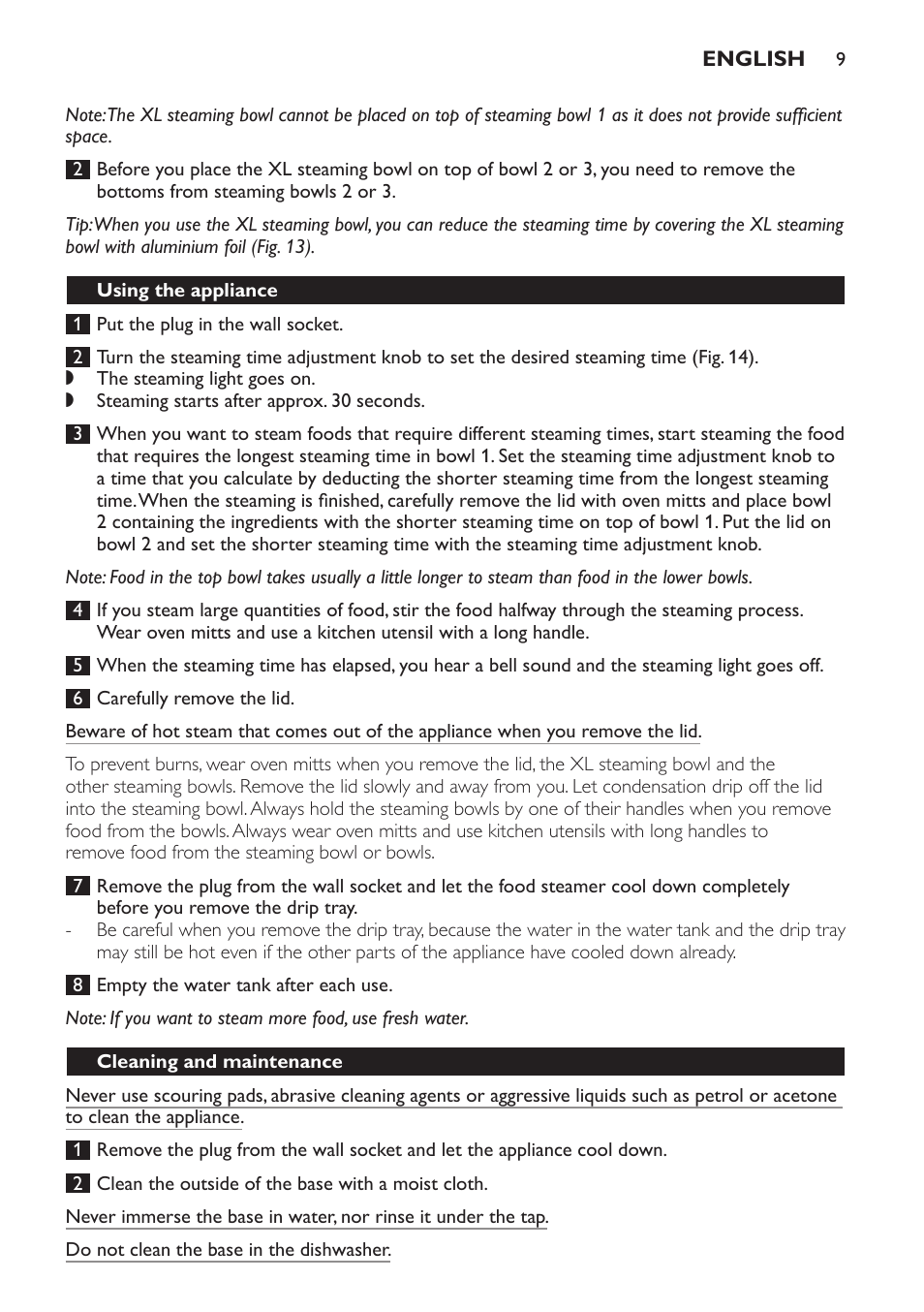 Using the appliance, Cleaning and maintenance | Philips HD9120 User Manual | Page 9 / 140