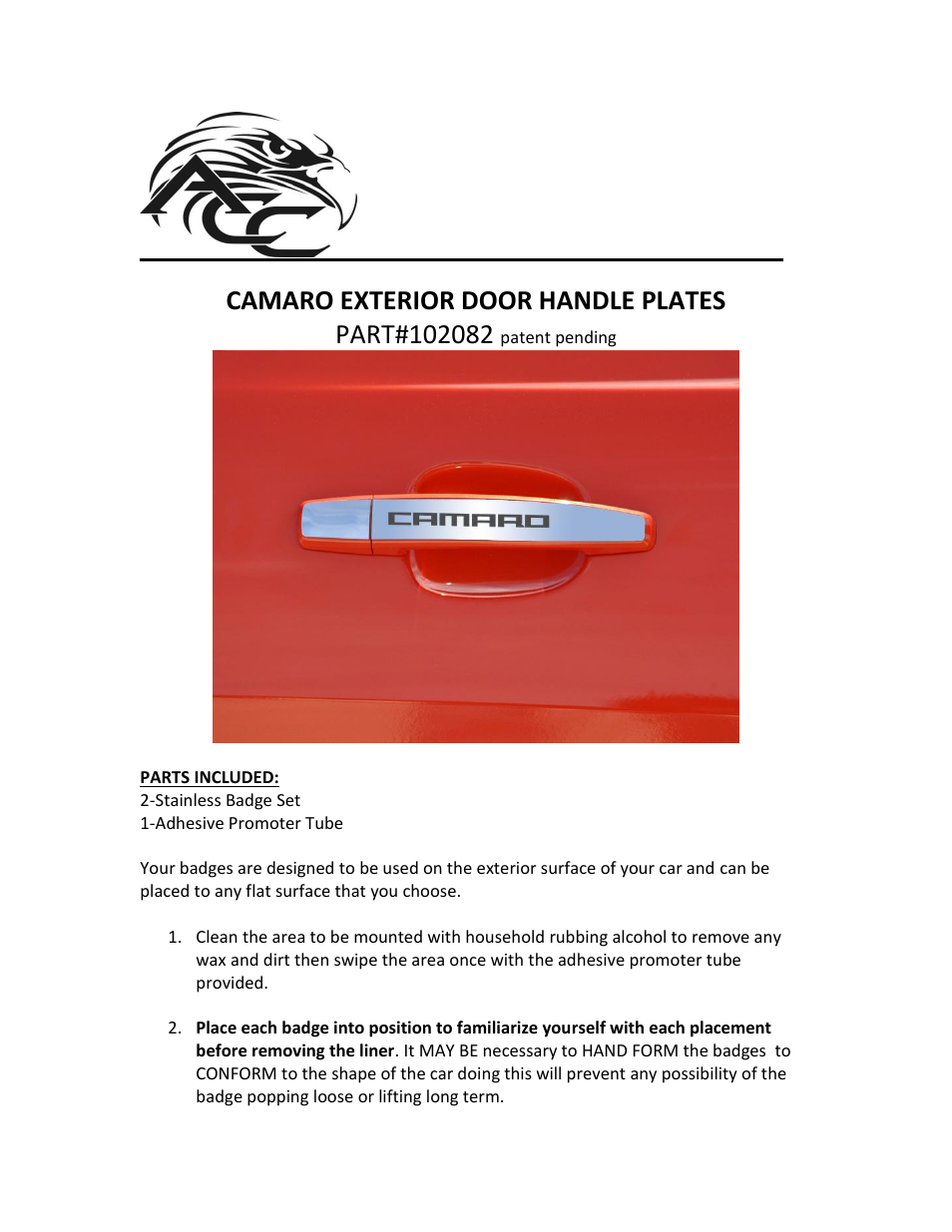 American Car Craft Camaro Door Handle Plate Polished Exterior "CAMARO 2Pc 2010-2013" User Manual | 2 pages