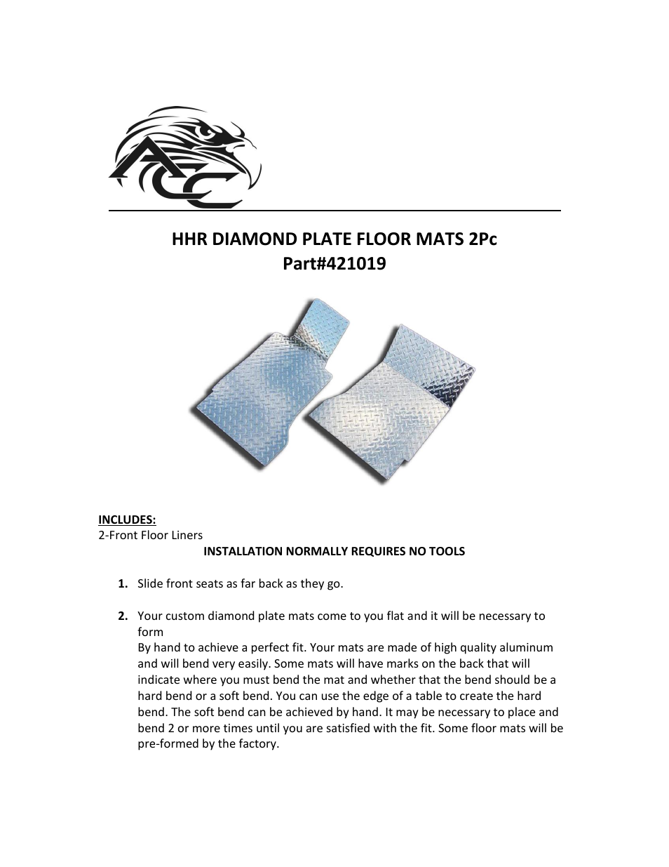 American Car Craft HHR Floor Mats - Diamond Plate 2Pc Polished 2006-2008 User Manual | 2 pages
