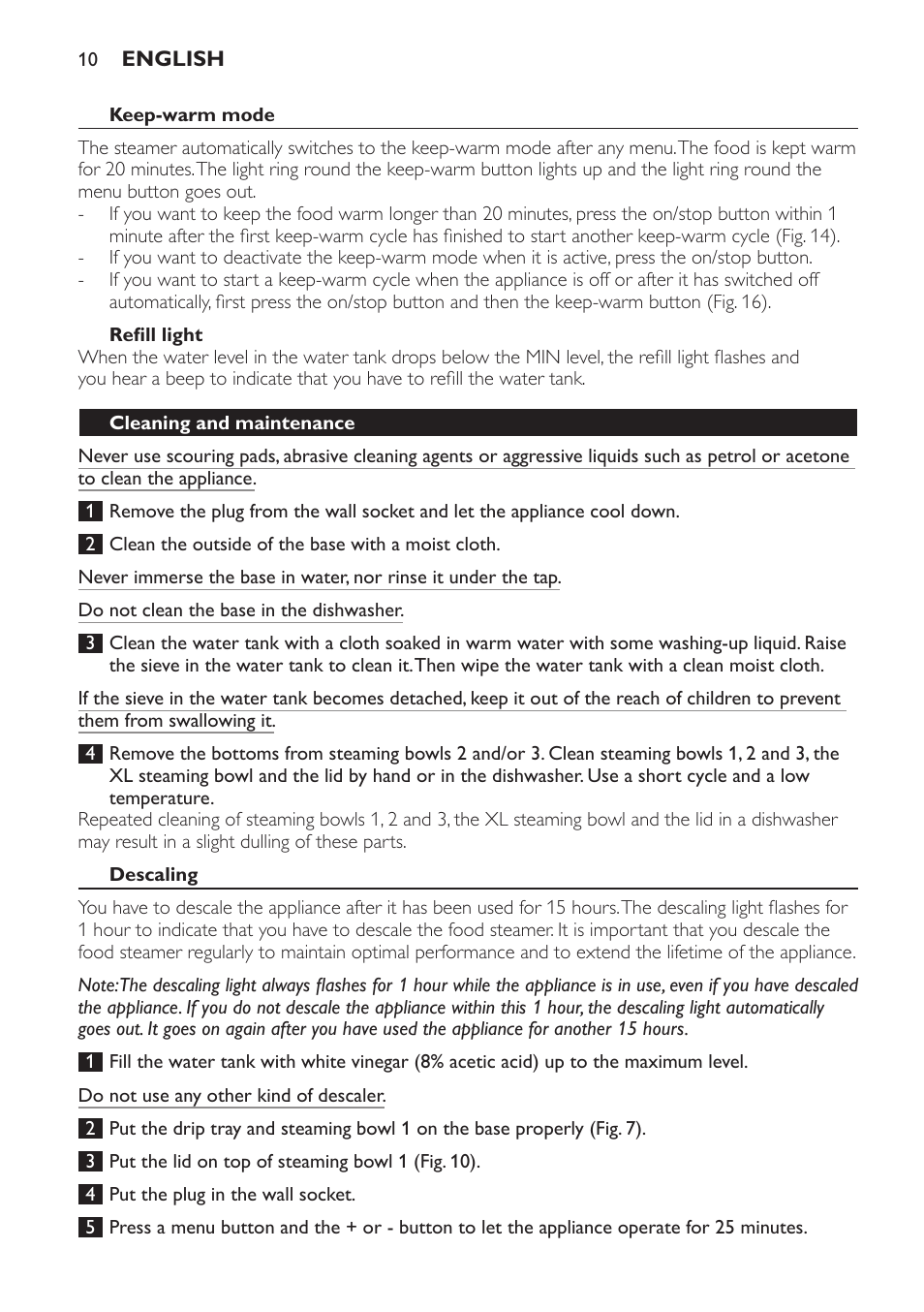 Keep-warm mode, Refill light, Cleaning and maintenance | Descaling | Philips HD9140 User Manual | Page 10 / 144