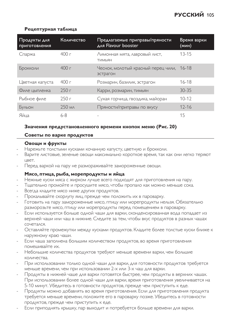 Рецептурная таблица, Советы по варке продуктов, Овощи и фрукты | Мясо, птица, рыба, морепродукты и яйца | Philips HD9140 User Manual | Page 105 / 144