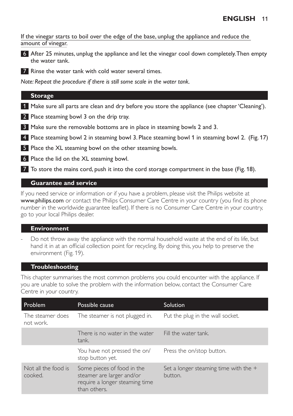 Storage, Guarantee and service, Environment | Troubleshooting | Philips HD9140 User Manual | Page 11 / 144