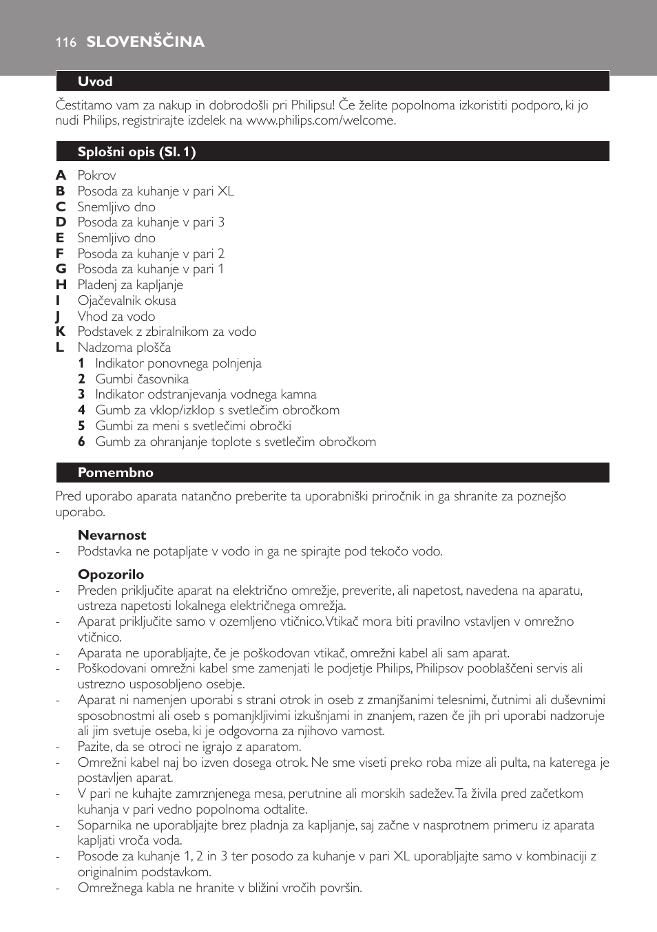 Nevarnost, Opozorilo, Slovenščina | Uvod, Splošni opis (sl. 1), Pomembno | Philips HD9140 User Manual | Page 116 / 144