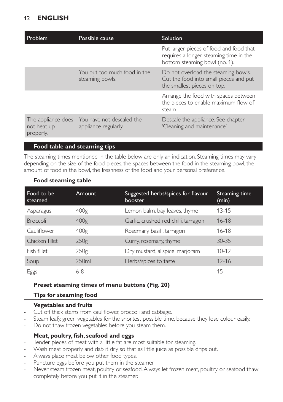 Food steaming table, Preset steaming times of menu buttons (fig. 20), Food table and steaming tips | Tips for steaming food, Vegetables and fruits, Meat, poultry, fish, seafood and eggs | Philips HD9140 User Manual | Page 12 / 144