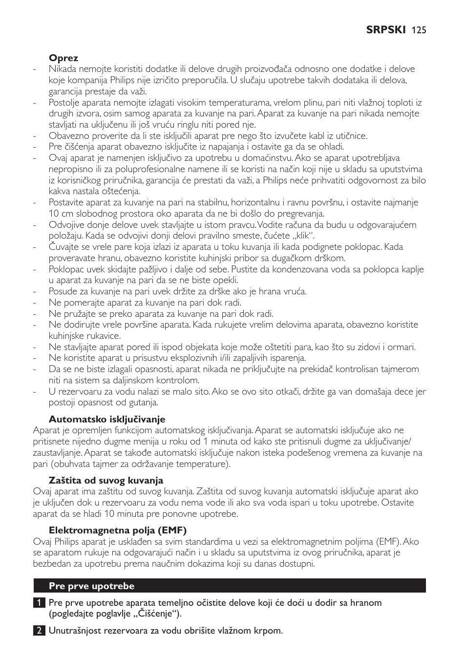 Oprez, Automatsko isključivanje, Zaštita od suvog kuvanja | Elektromagnetna polja (emf), Pre prve upotrebe | Philips HD9140 User Manual | Page 125 / 144