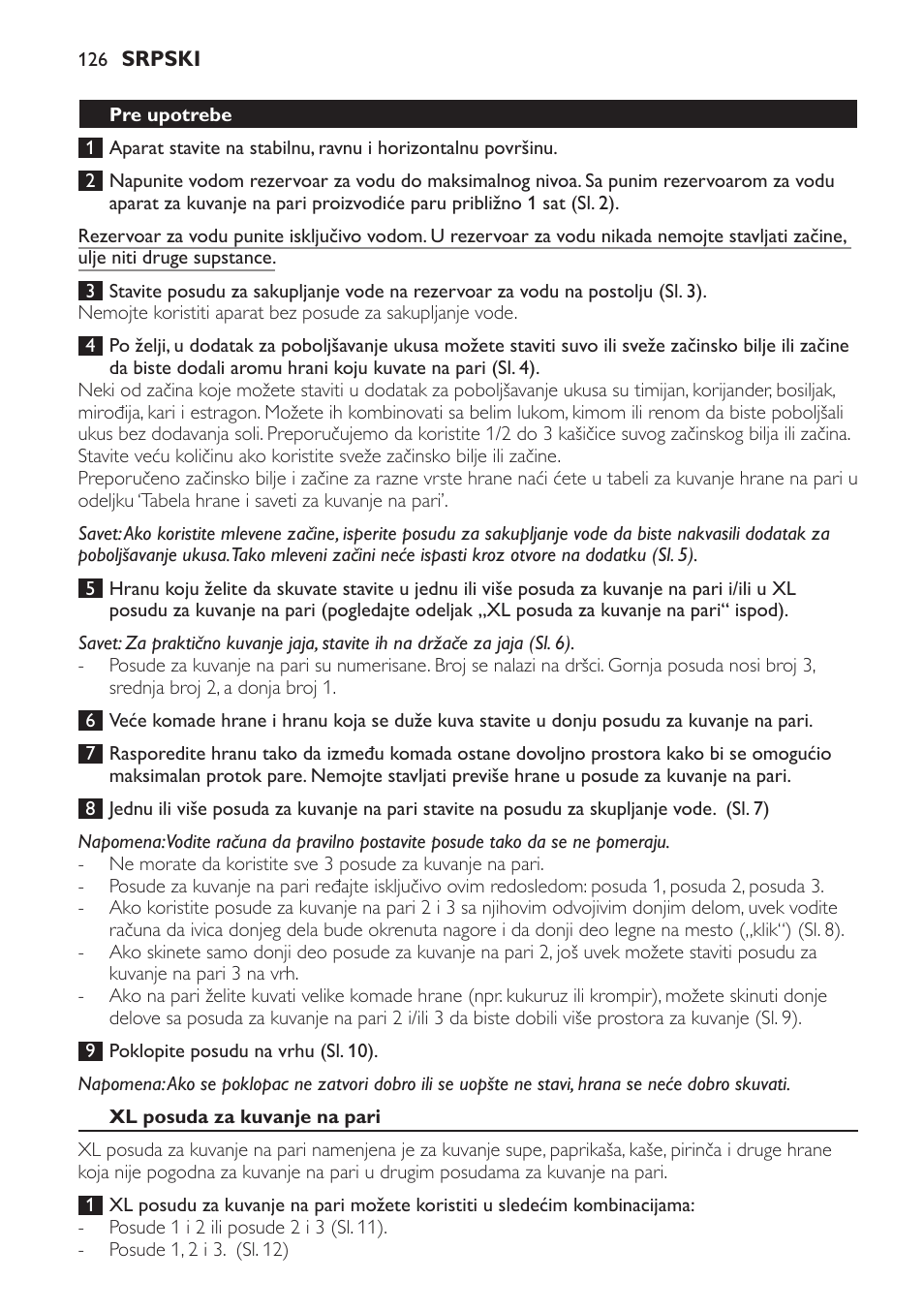 Pre upotrebe, Xl posuda za kuvanje na pari | Philips HD9140 User Manual | Page 126 / 144