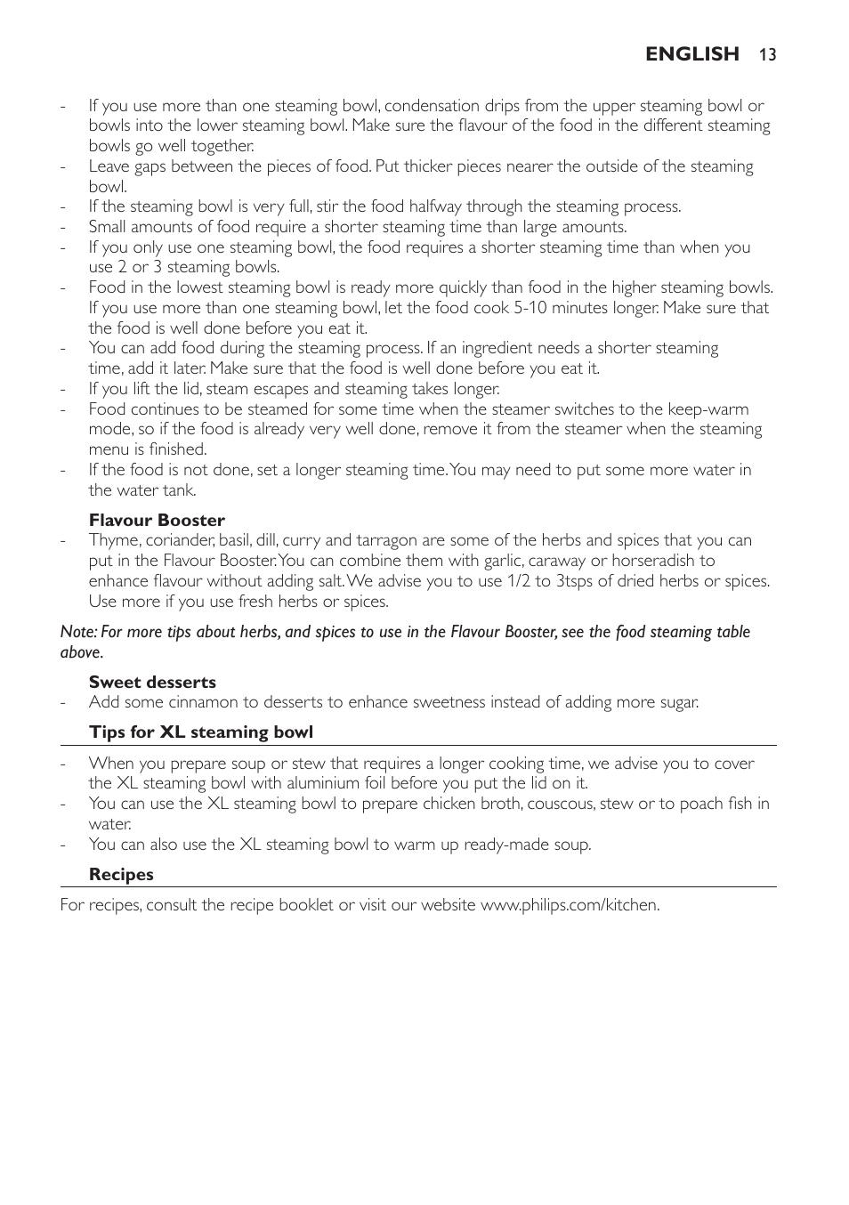 Flavour booster, Sweet desserts, Tips for xl steaming bowl | Recipes | Philips HD9140 User Manual | Page 13 / 144