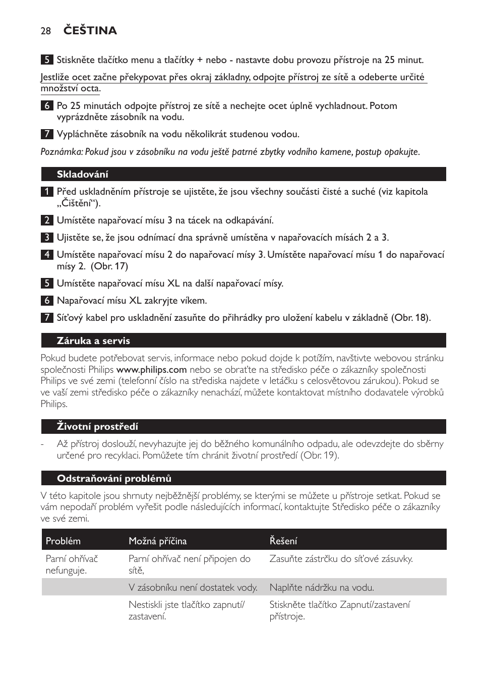 Skladování, Záruka a servis, Životní prostředí | Odstraňování problémů | Philips HD9140 User Manual | Page 28 / 144