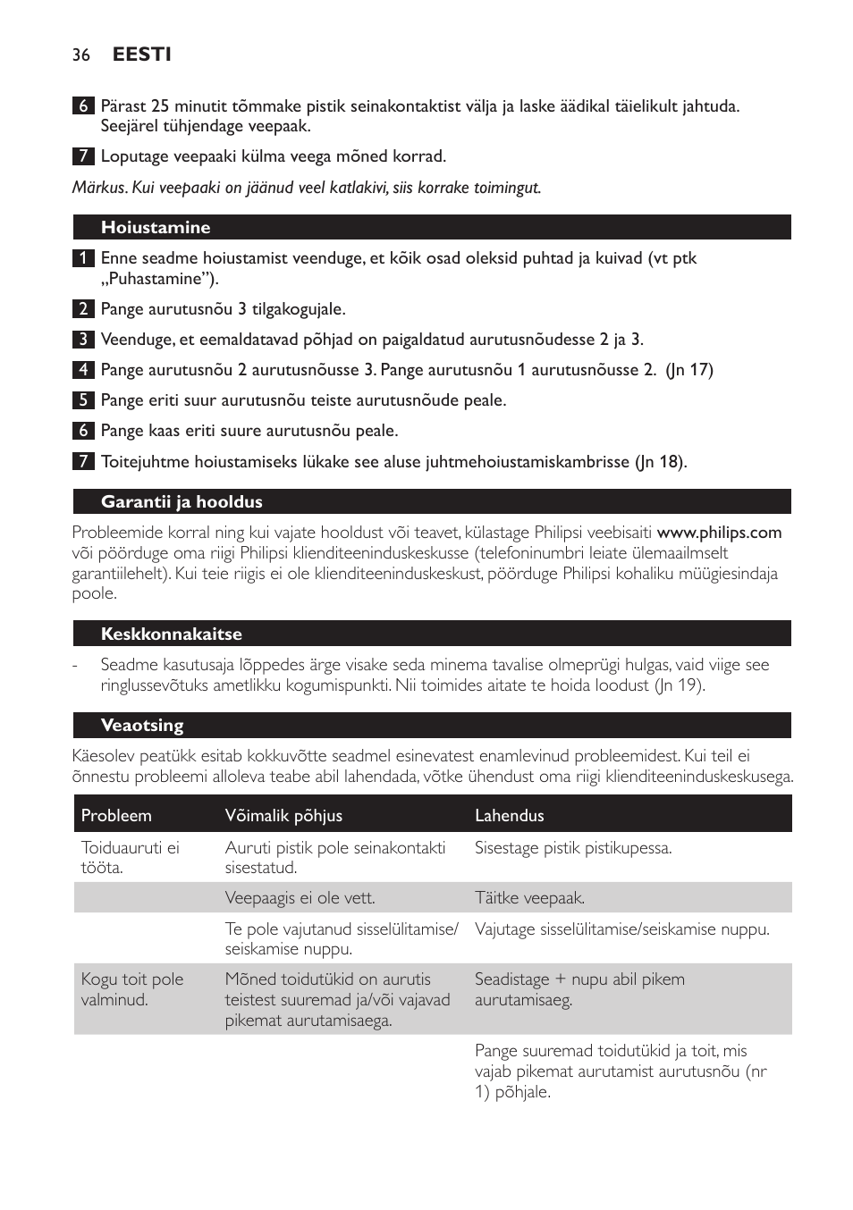 Hoiustamine, Garantii ja hooldus, Keskkonnakaitse | Veaotsing | Philips HD9140 User Manual | Page 36 / 144