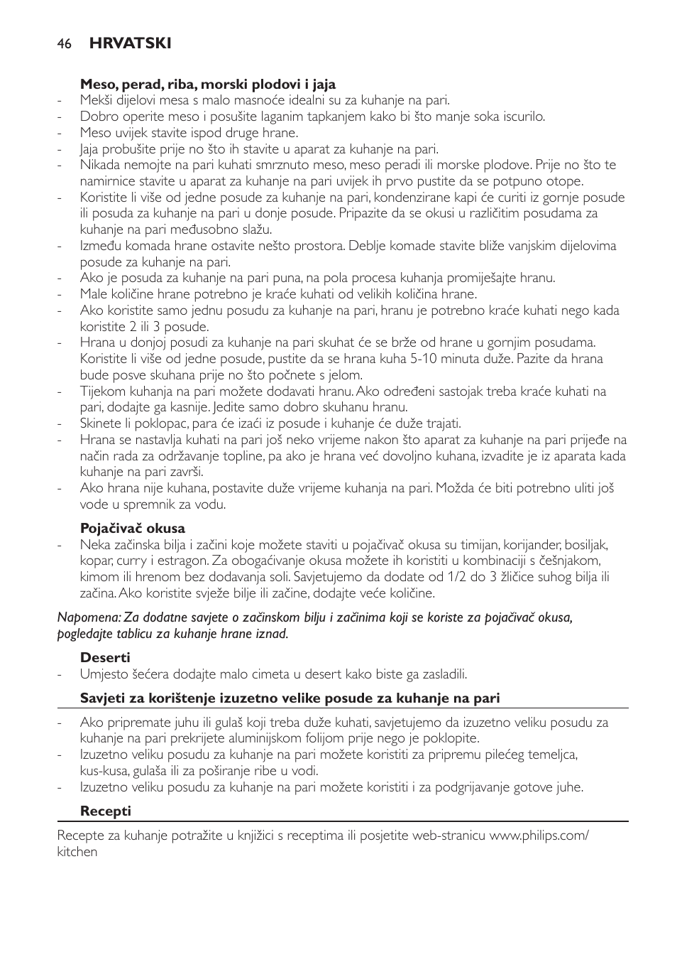 Meso, perad, riba, morski plodovi i jaja, Pojačivač okusa, Deserti | Recepti | Philips HD9140 User Manual | Page 46 / 144