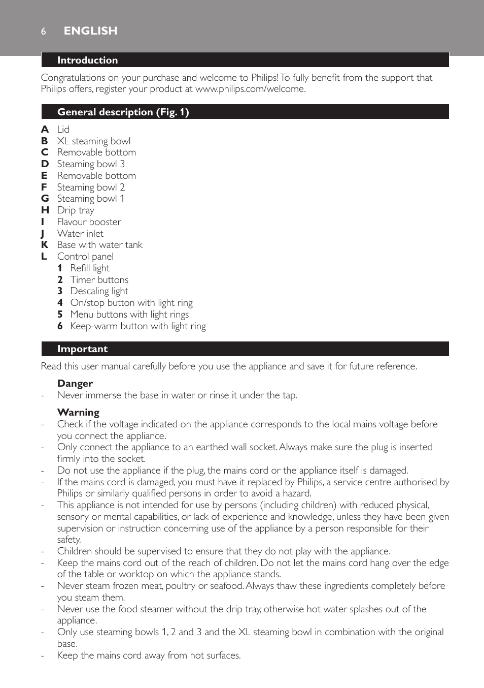English, Introduction, General description (fig. 1) | Important, Danger, Warning | Philips HD9140 User Manual | Page 6 / 144
