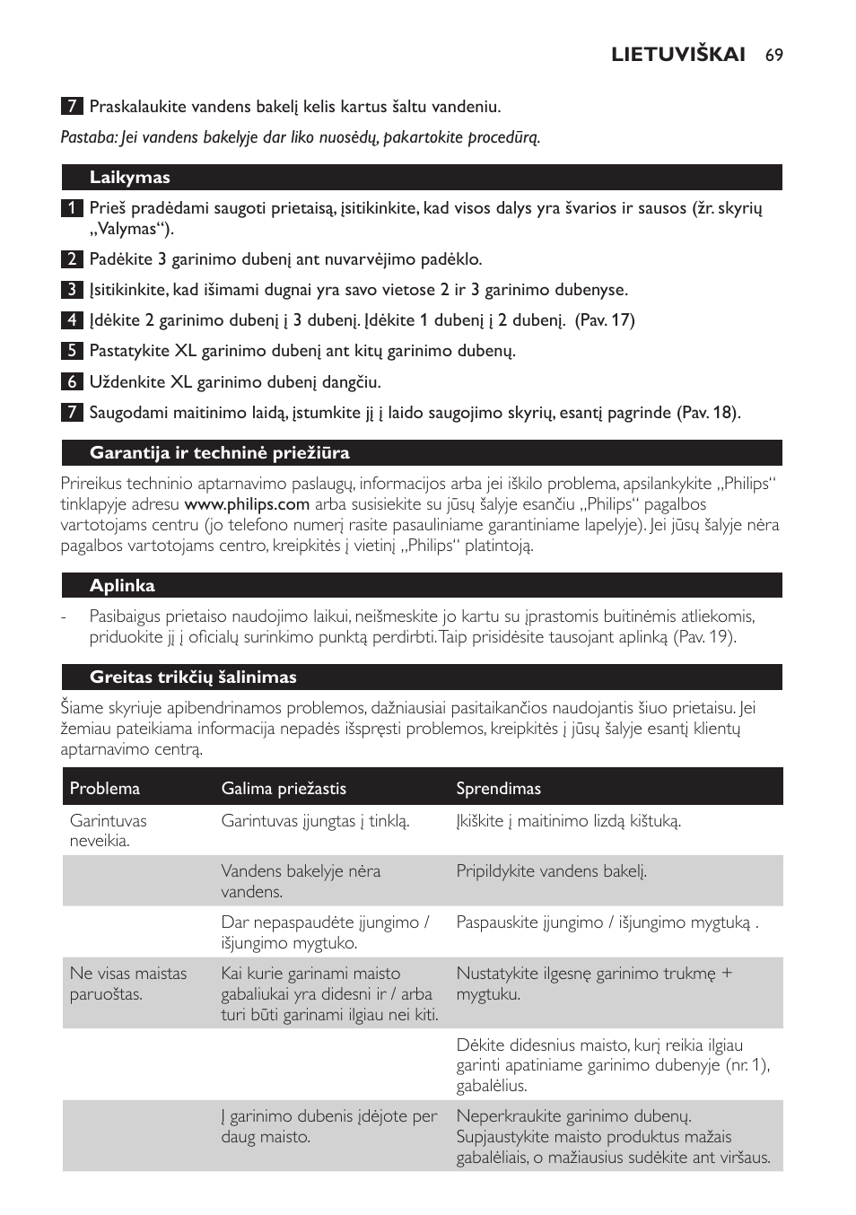 Laikymas, Garantija ir techninė priežiūra, Aplinka | Greitas trikčių šalinimas | Philips HD9140 User Manual | Page 69 / 144