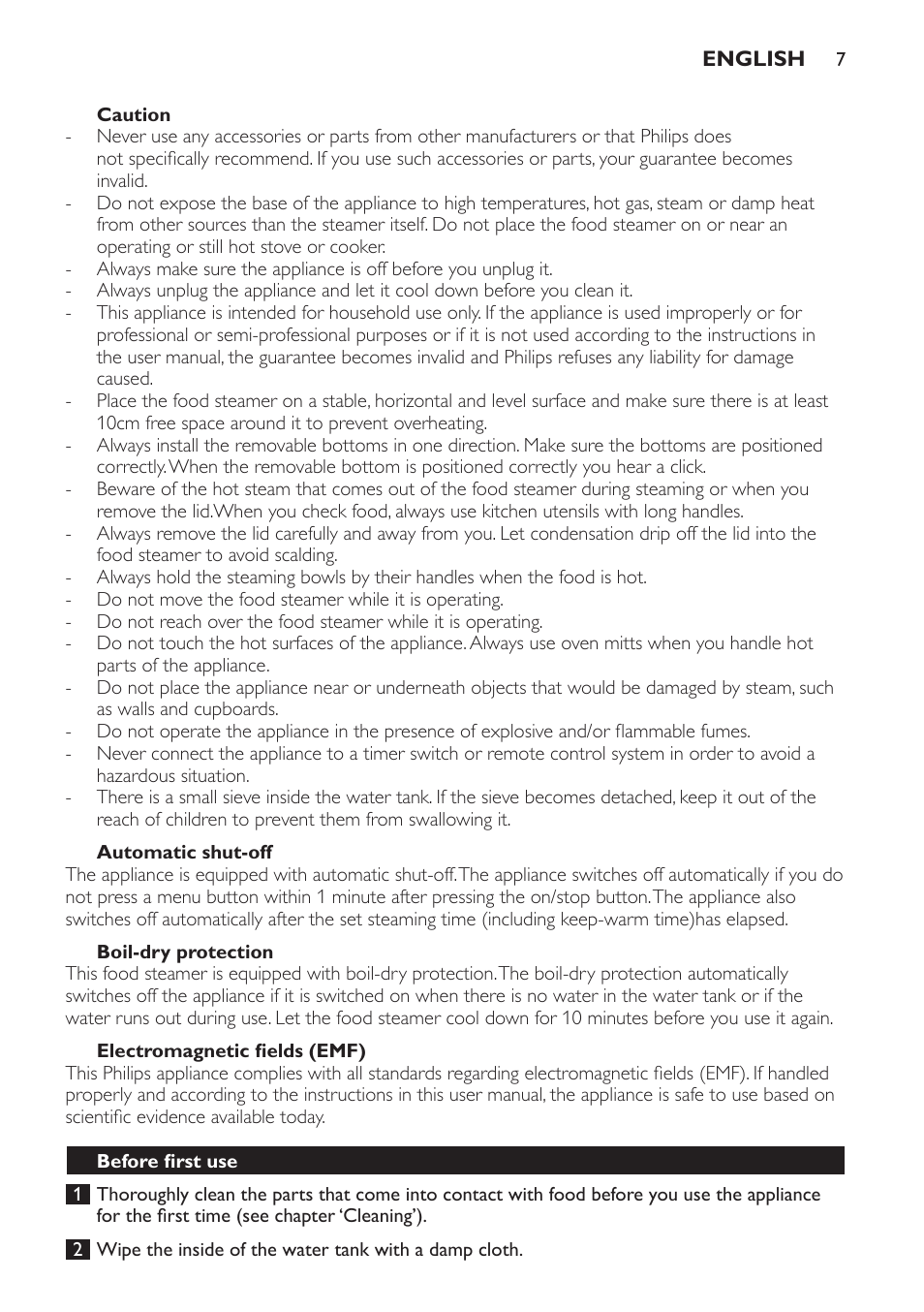 Caution, Automatic shut-off, Boil-dry protection | Electromagnetic fields (emf), Before first use | Philips HD9140 User Manual | Page 7 / 144