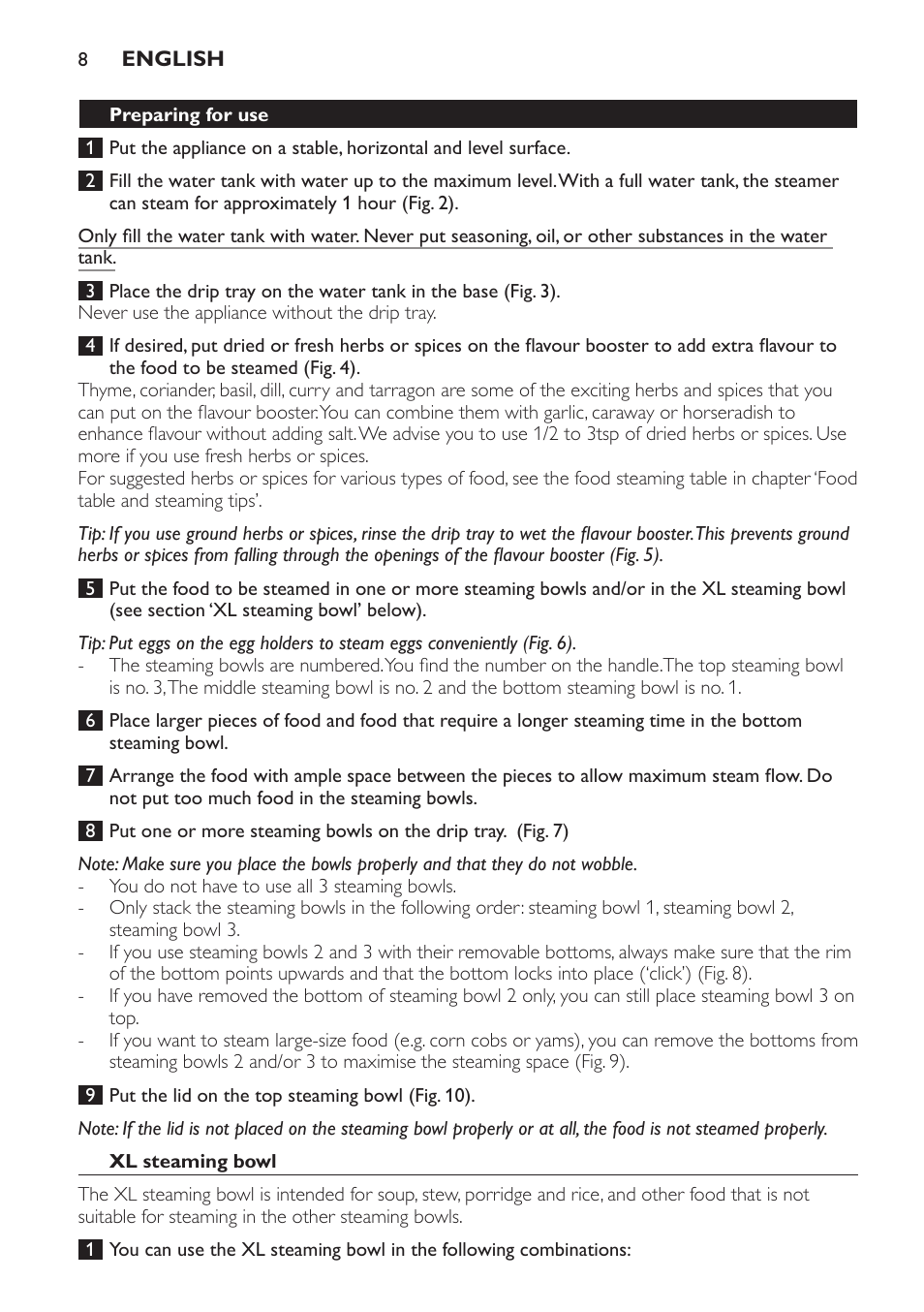 Preparing for use, Xl steaming bowl | Philips HD9140 User Manual | Page 8 / 144