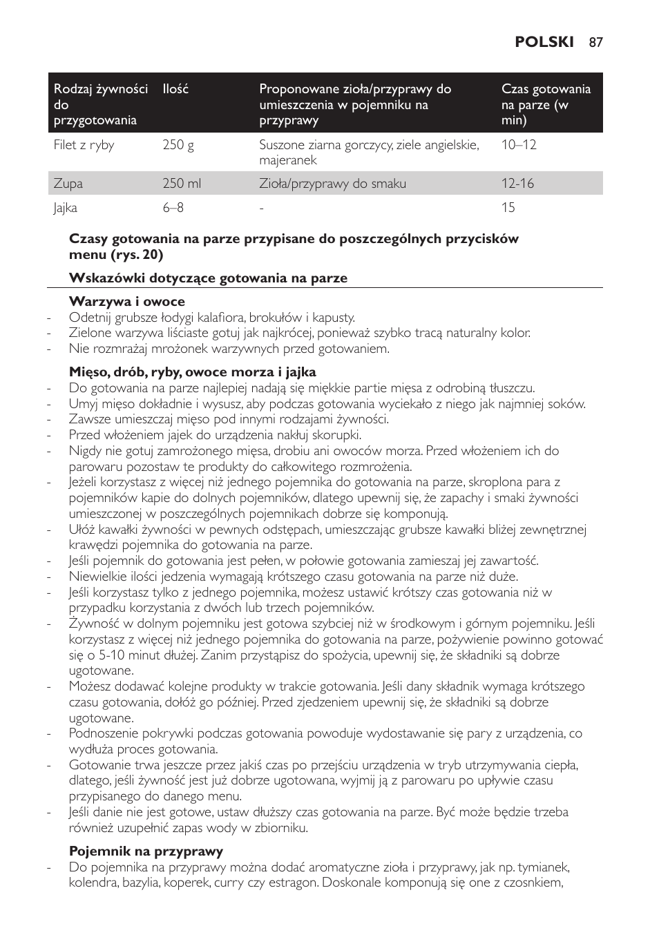 Wskazówki dotyczące gotowania na parze, Warzywa i owoce, Mięso, drób, ryby, owoce morza i jajka | Pojemnik na przyprawy | Philips HD9140 User Manual | Page 87 / 144