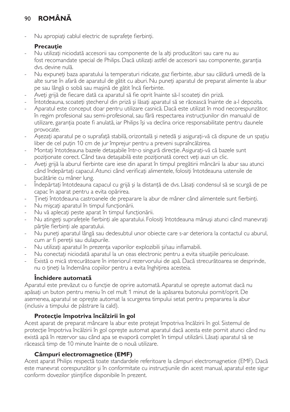 Precauţie, Închidere automată, Protecţie împotriva încălzirii în gol | Câmpuri electromagnetice (emf) | Philips HD9140 User Manual | Page 90 / 144