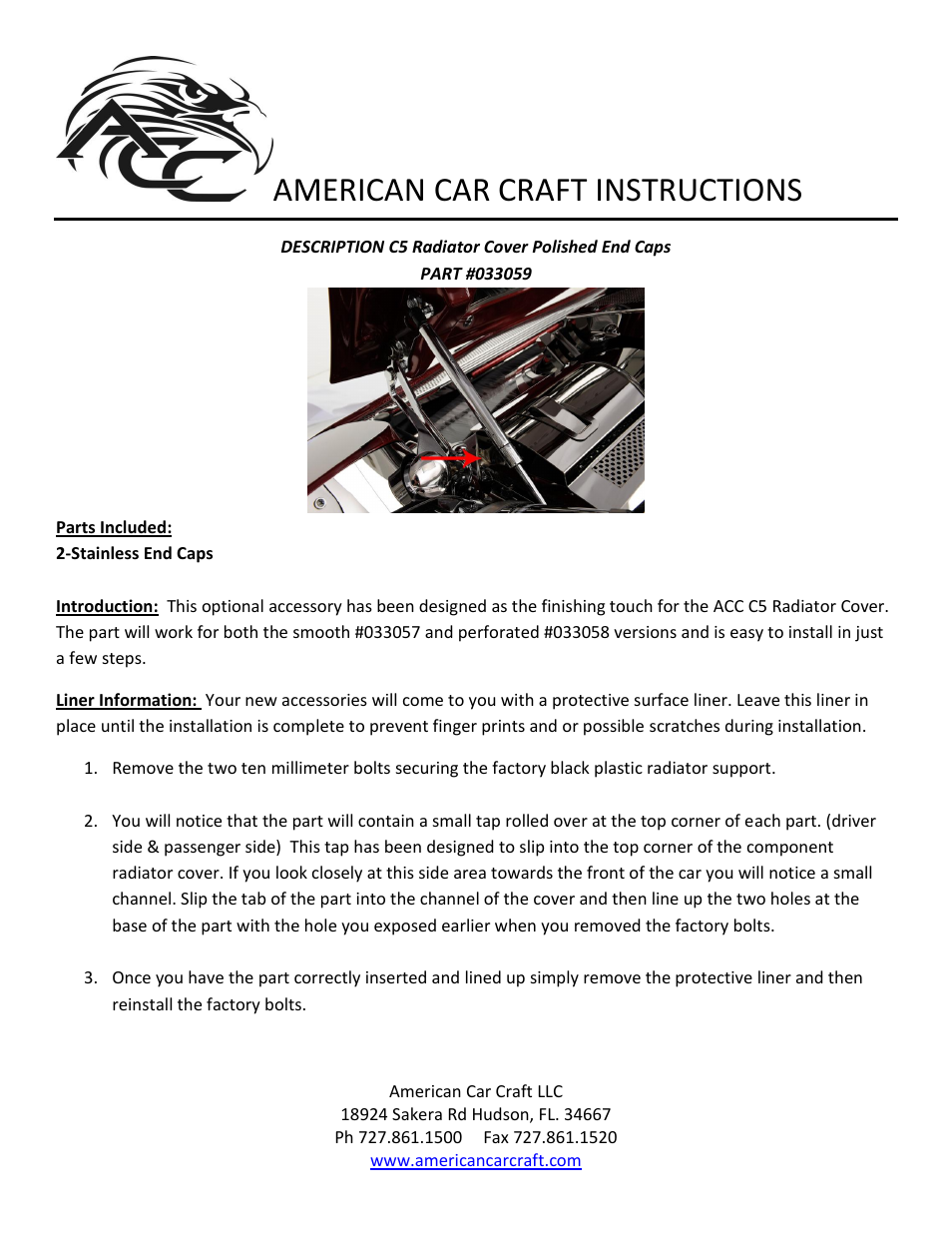 American Car Craft Corvette Radiator Cover - End Caps Polished 1997-2004 C5 & Z06 User Manual | 1 page