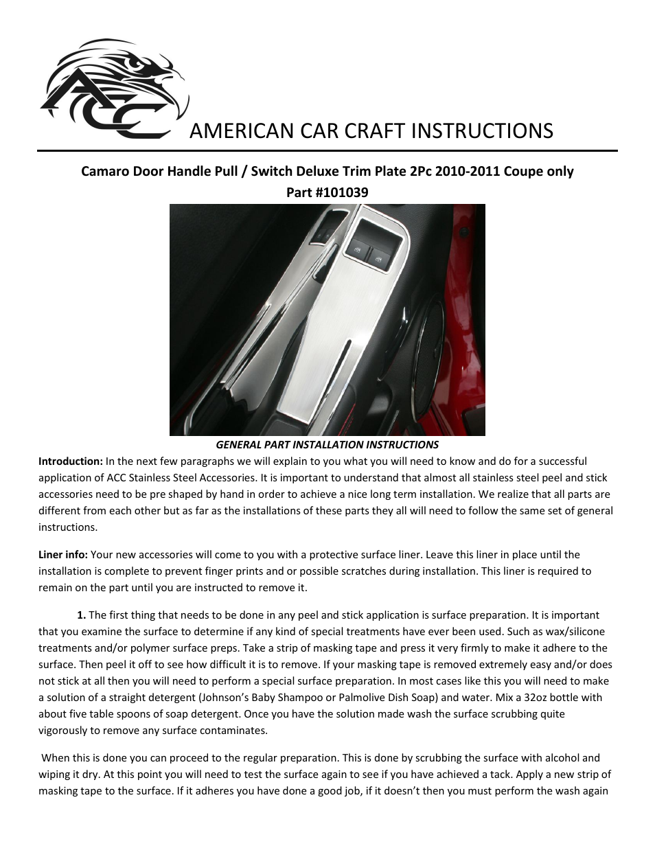 American Car Craft Camaro Door Handle Pull _ Switch Deluxe Trim Plate 2Pc 2010-2011 Coupe only User Manual | 2 pages
