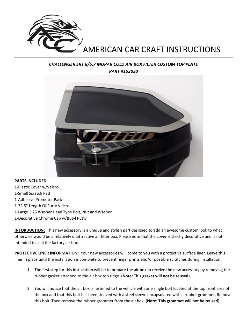 American Car Craft Challenger_Charger_Magnum_300 SRT 8 5.7L_6.4L MOPAR Cold Air Intake Cover Clear_Polished 2011-2013 User Manual | 4 pages
