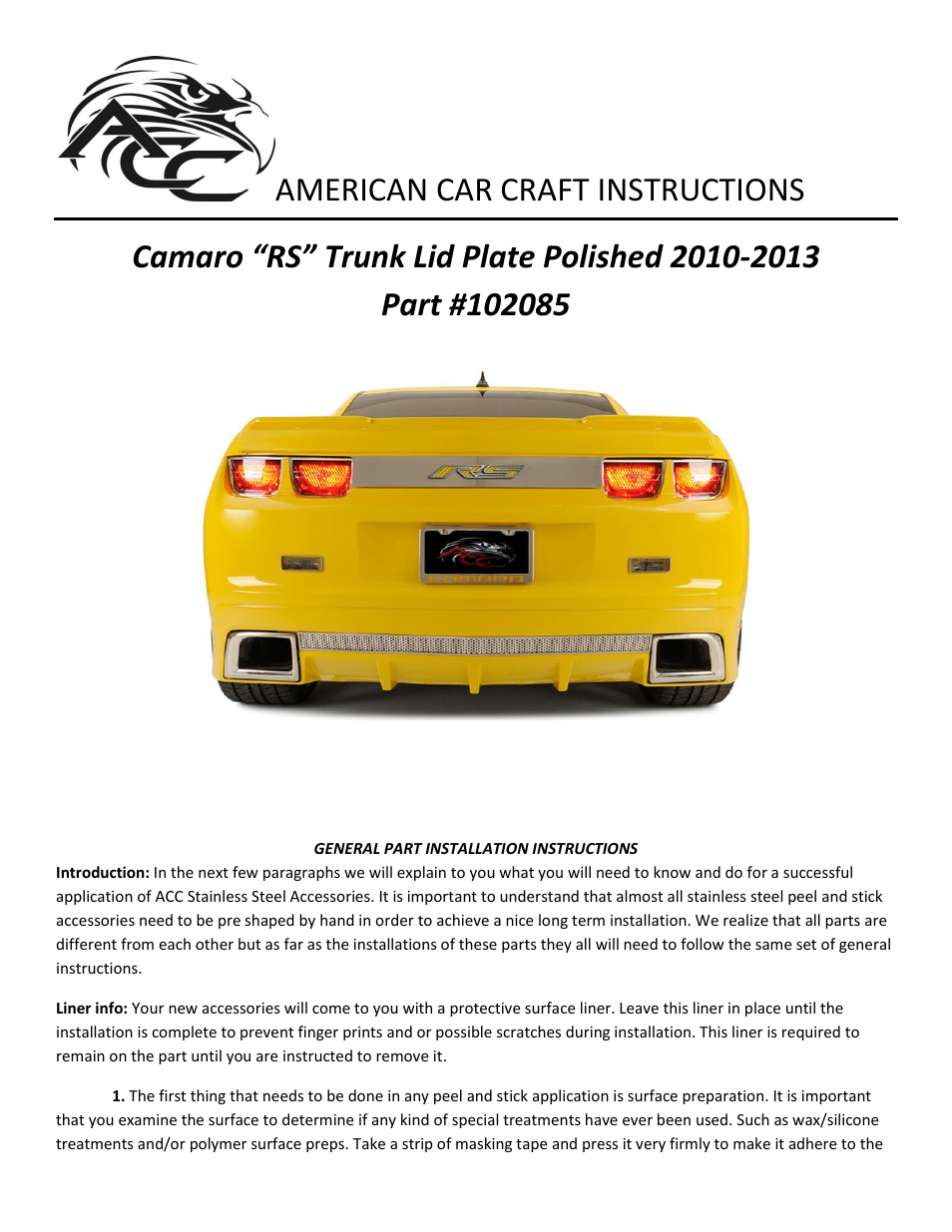 American Car Craft Camaro Trunk Lid Plate w_Laser Etched "RS 2010-2013 all" User Manual | 2 pages