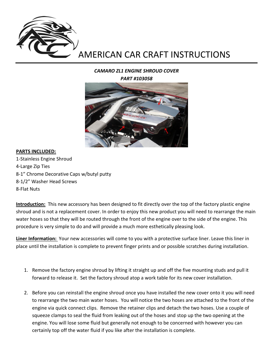 American Car Craft Camaro Supercharger Engine Shroud Polished ZL1 Only 2012-2013 User Manual | 2 pages