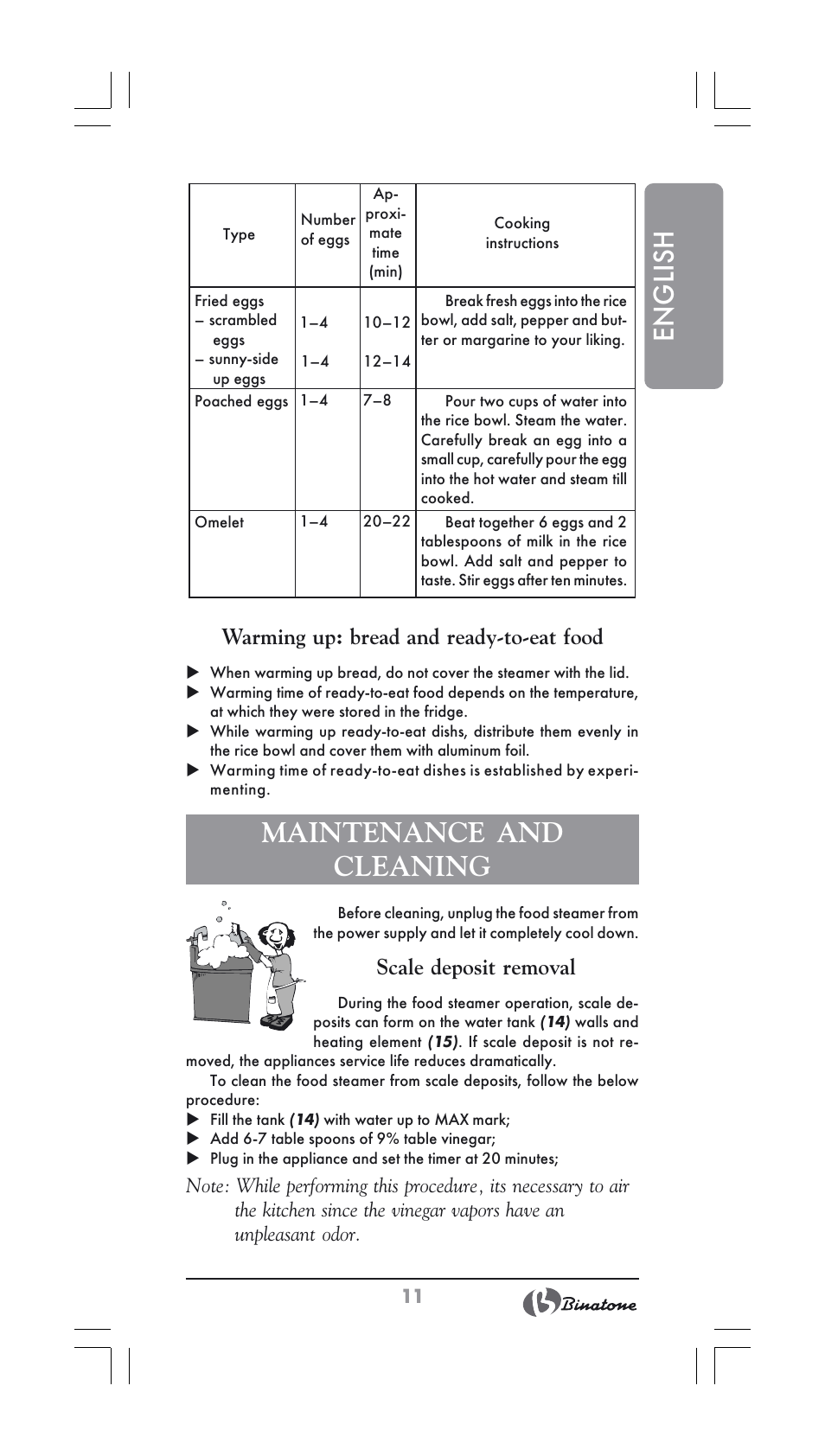 English, Maintenance and cleaning, Warming up: bread and ready-to-eat food | Scale deposit removal | Binatone FS-404 User Manual | Page 11 / 66