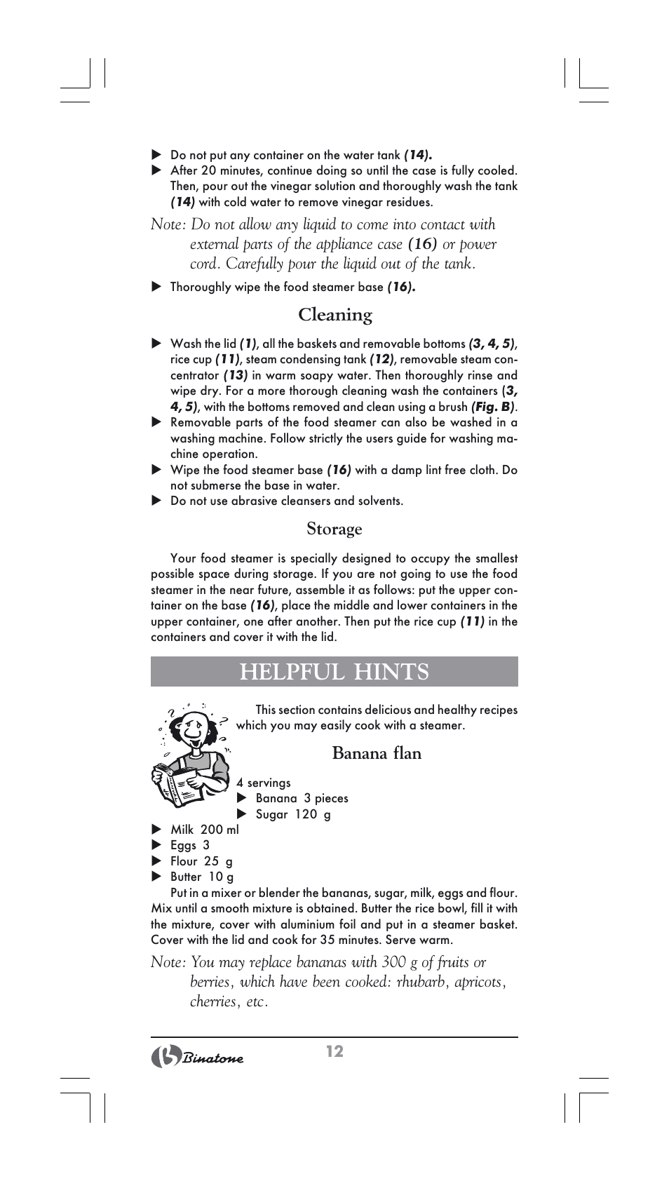 Helpful hints, Cleaning, Storage | Banana flan | Binatone FS-404 User Manual | Page 12 / 66