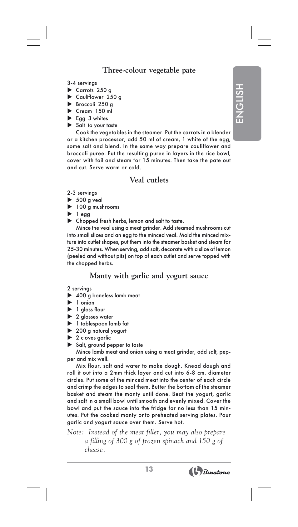 English, Three-colour vegetable pate, Veal cutlets | Manty with garlic and yogurt sauce | Binatone FS-404 User Manual | Page 13 / 66
