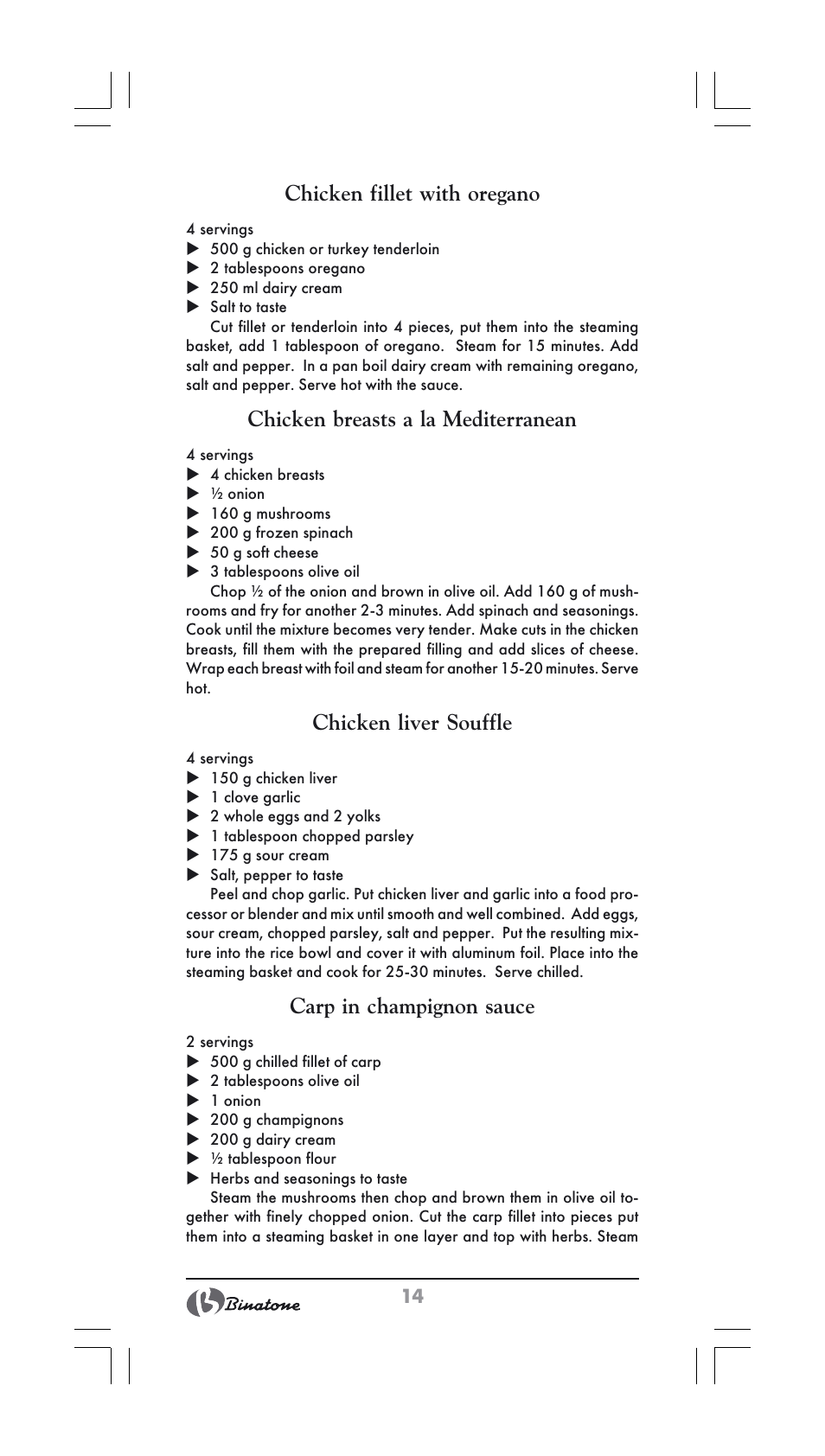 Chicken fillet with oregano, Chicken breasts a la mediterranean, Chicken liver souffle | Carp in champignon sauce | Binatone FS-404 User Manual | Page 14 / 66