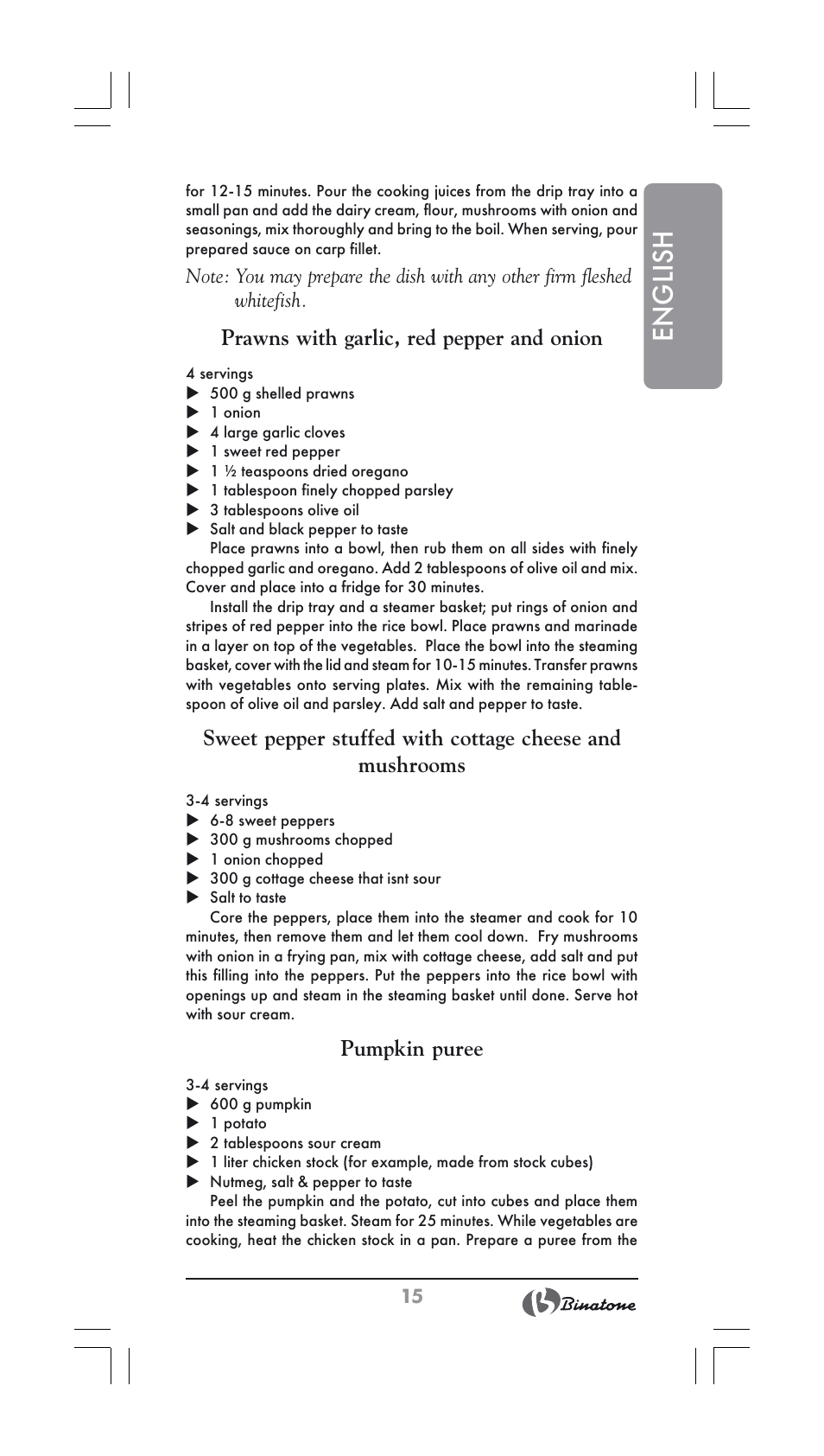 English, Prawns with garlic, red pepper and onion, Pumpkin puree | Binatone FS-404 User Manual | Page 15 / 66