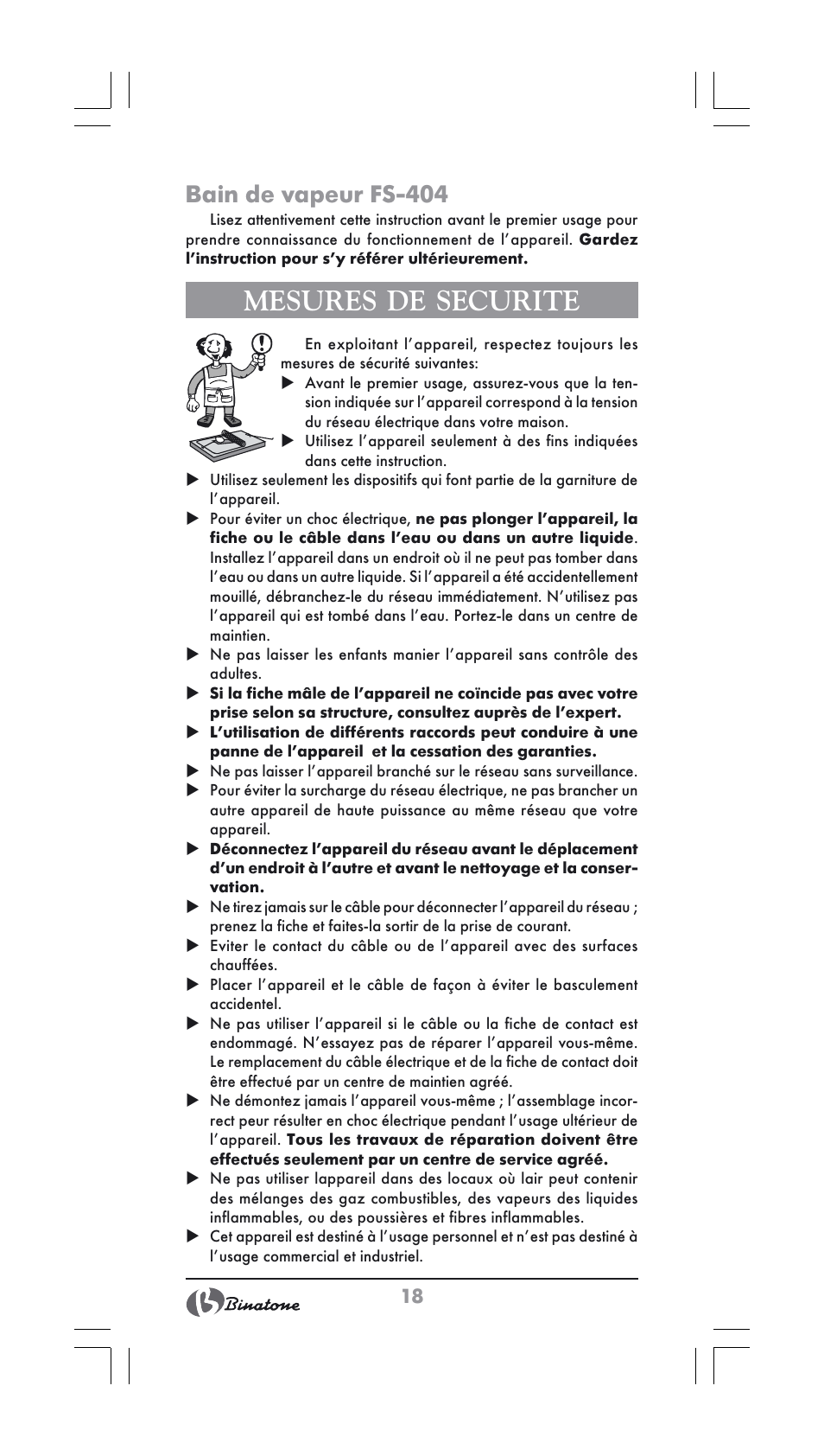 Mesures de securite, Bain de vapeur fs-404 | Binatone FS-404 User Manual | Page 18 / 66