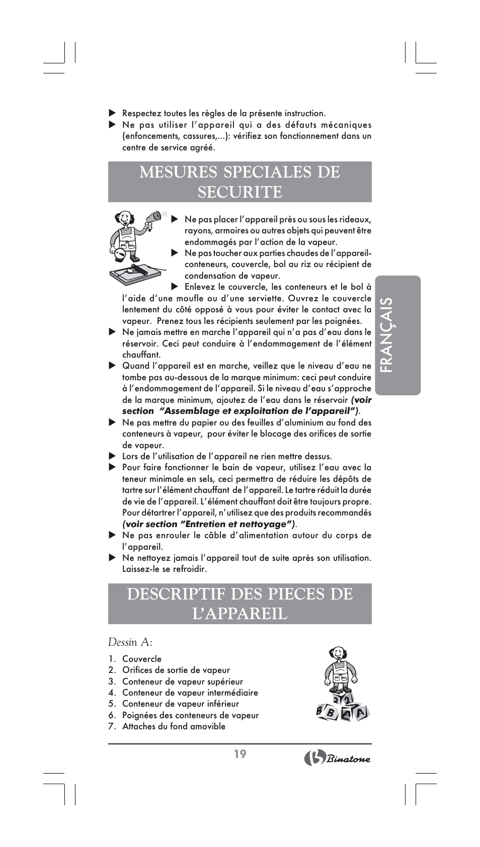 Français, Mesures speciales de securite, Descriptif des pieces de l’appareil | Binatone FS-404 User Manual | Page 19 / 66