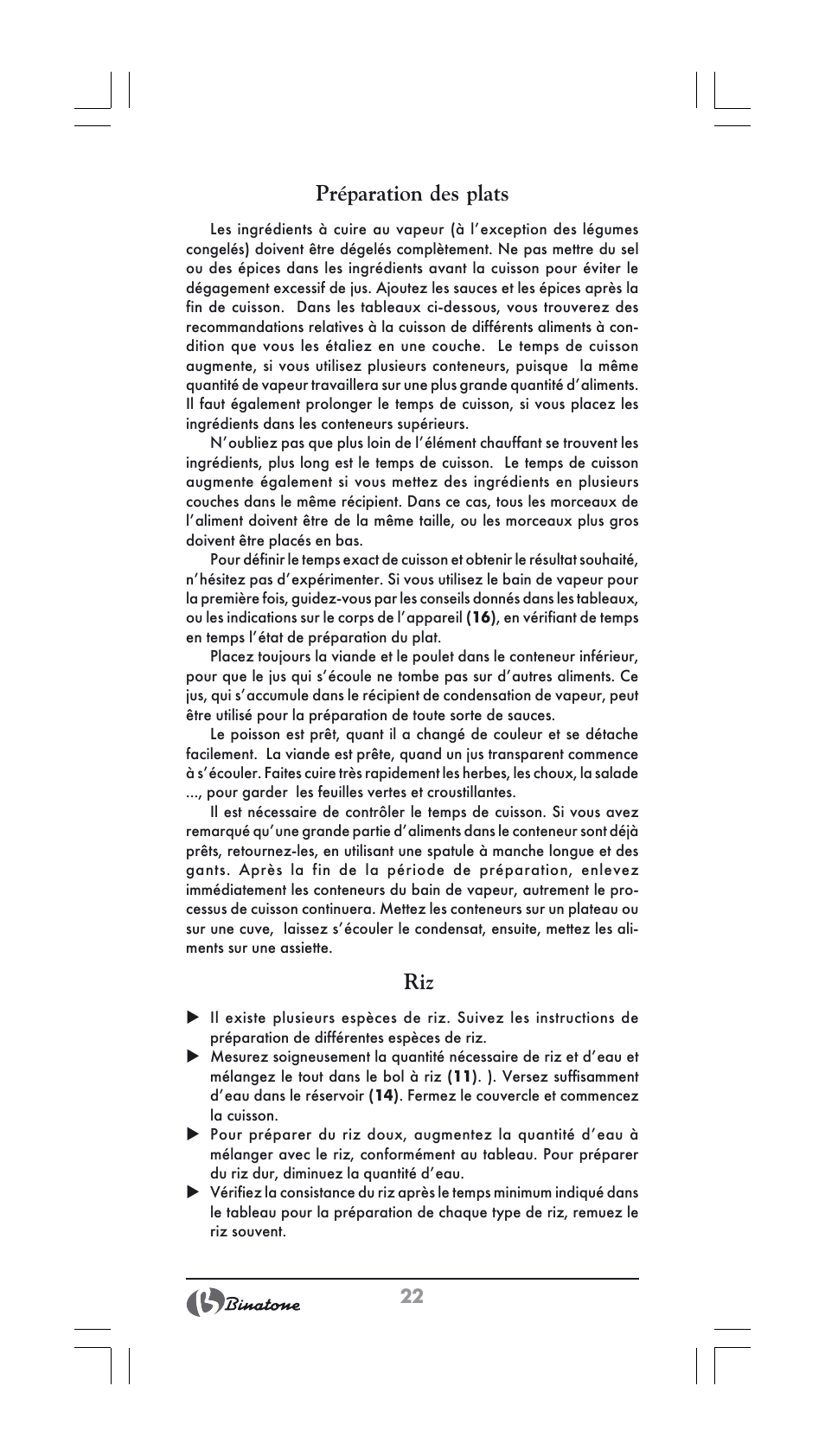 Préparation des plats | Binatone FS-404 User Manual | Page 22 / 66