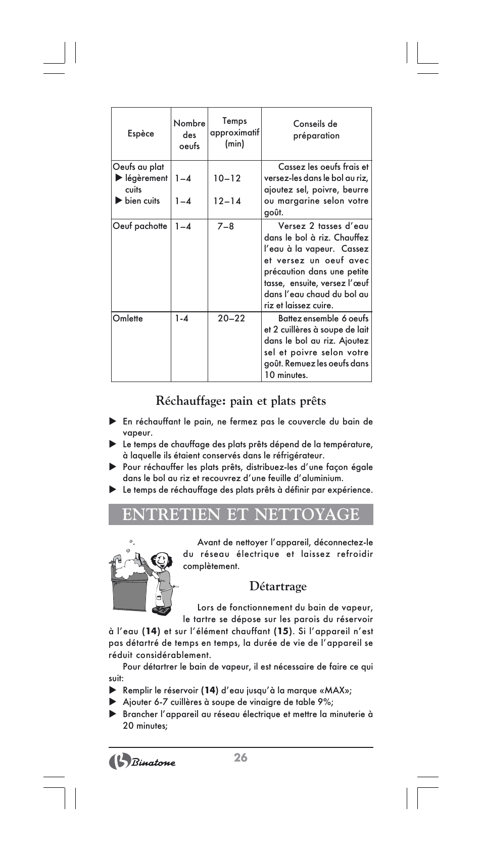 Entretien et nettoyage, Réchauffage: pain et plats prêts, Détartrage | Binatone FS-404 User Manual | Page 26 / 66