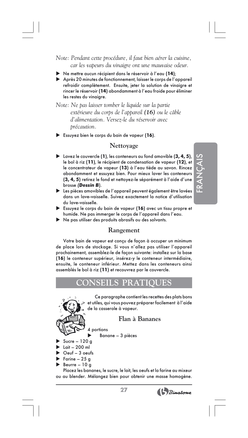 Français, Conseils pratiques, Nettoyage | Rangement, Flan à bananes | Binatone FS-404 User Manual | Page 27 / 66