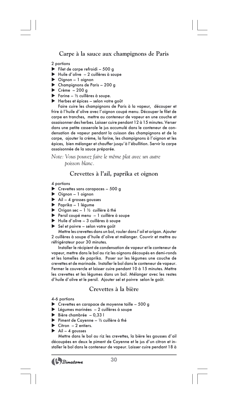 Carpe à la sauce aux champignons de paris, Crevettes à l’ail, paprika et oignon, Crevettes à la bière | Binatone FS-404 User Manual | Page 30 / 66