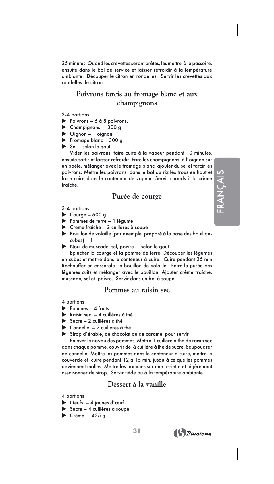 Français, Purée de courge, Pommes au raisin sec | Dessert à la vanille | Binatone FS-404 User Manual | Page 31 / 66