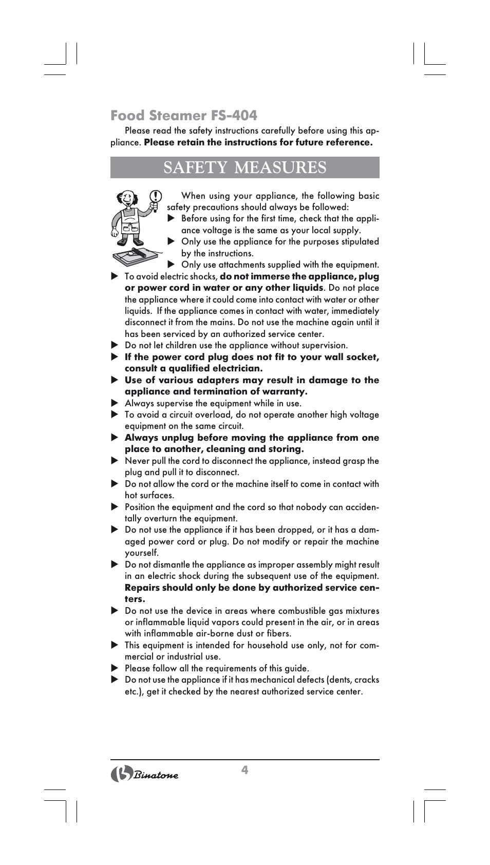 Safety measures, Food steamer fs-404 | Binatone FS-404 User Manual | Page 4 / 66
