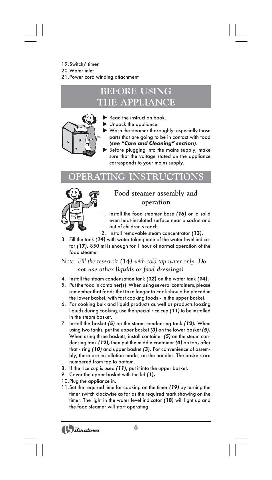 Before using the appliance, Operating instructions, Food steamer assembly and operation | Binatone FS-404 User Manual | Page 6 / 66