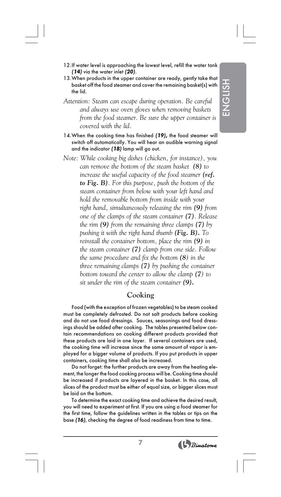 English, Cooking | Binatone FS-404 User Manual | Page 7 / 66