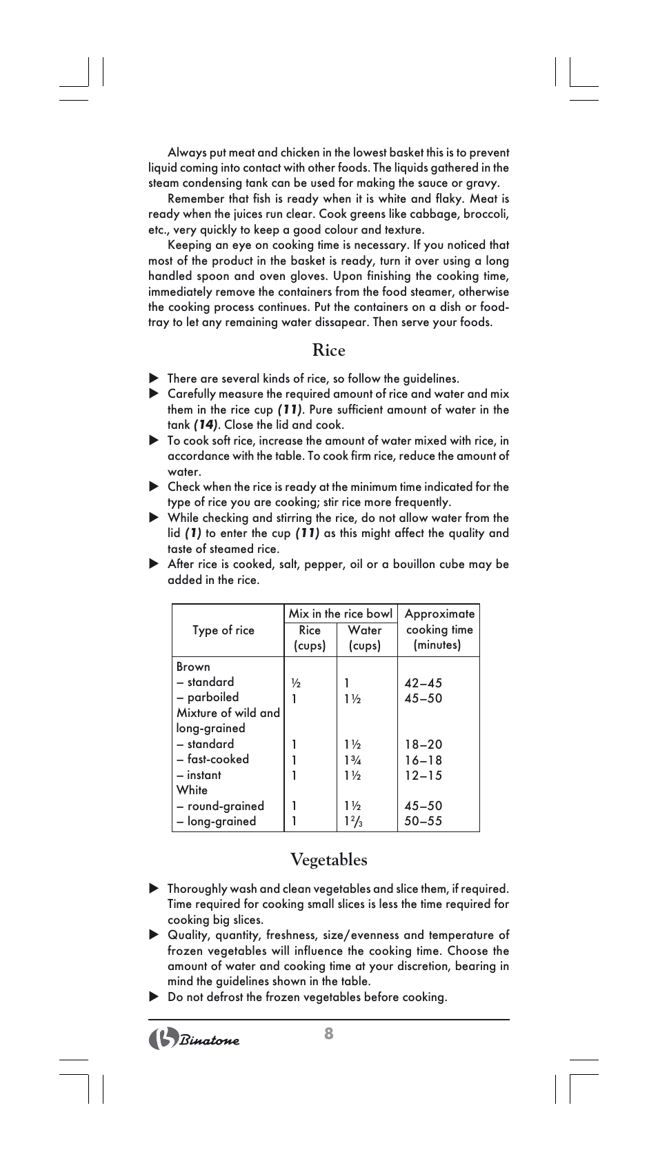 Rice, Vegetables | Binatone FS-404 User Manual | Page 8 / 66