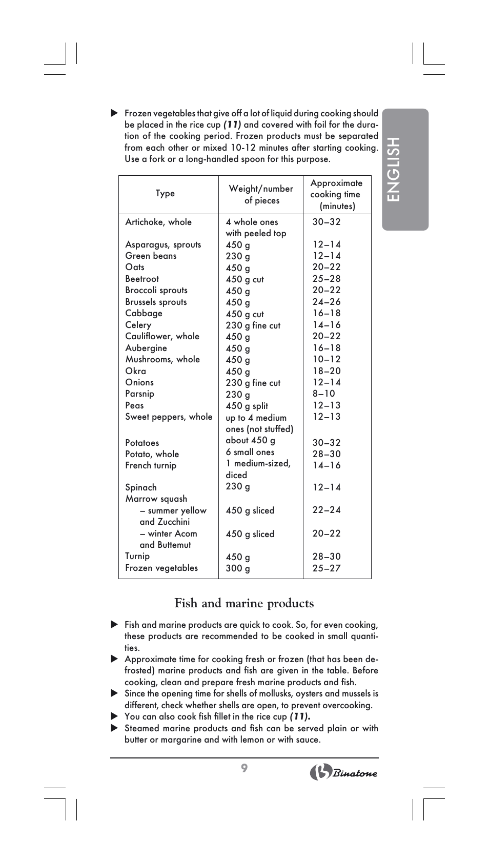 English, Fish and marine products | Binatone FS-404 User Manual | Page 9 / 66