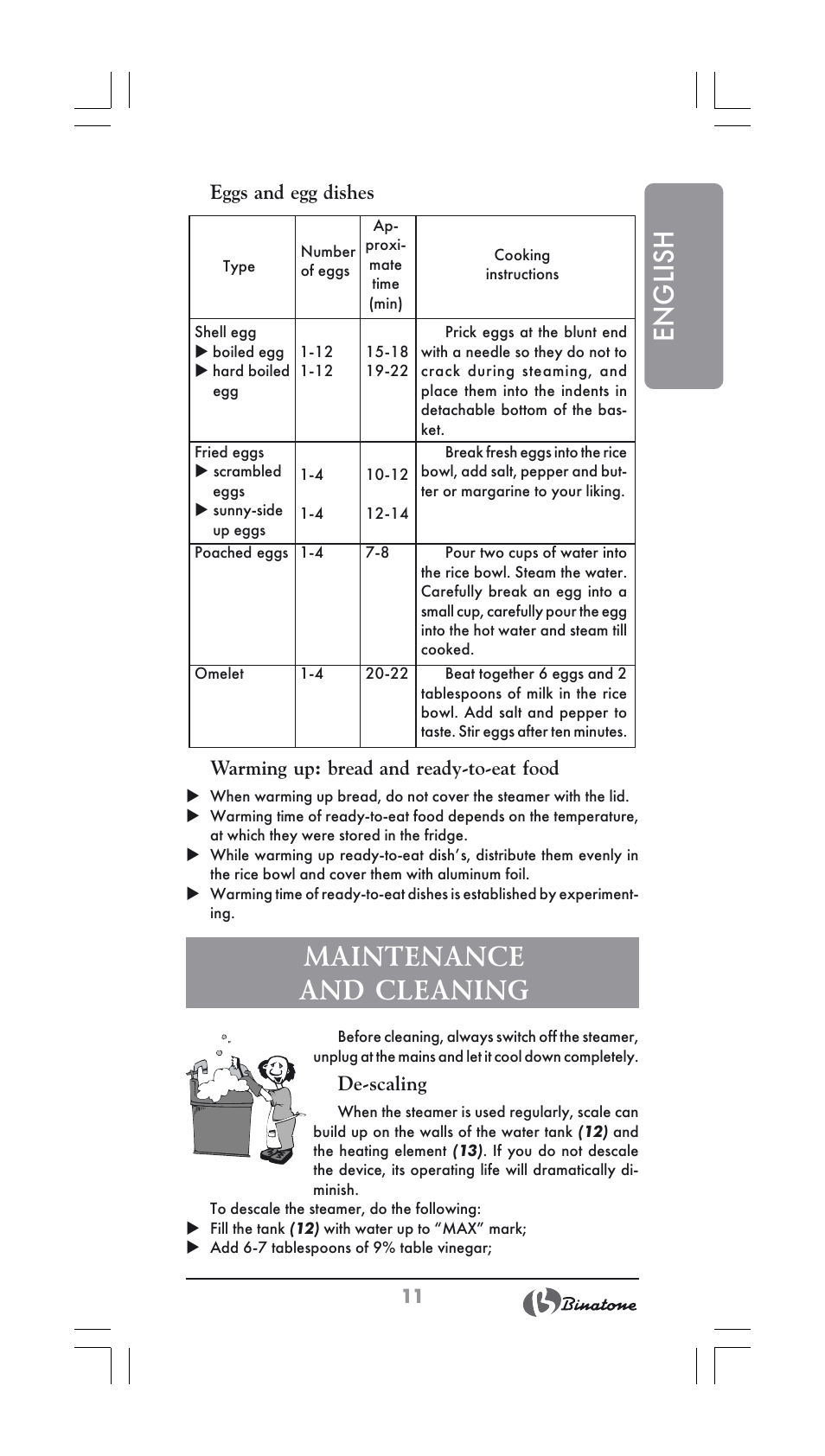 English, Maintenance and cleaning, De-scaling | Binatone FS-202 User Manual | Page 11 / 66